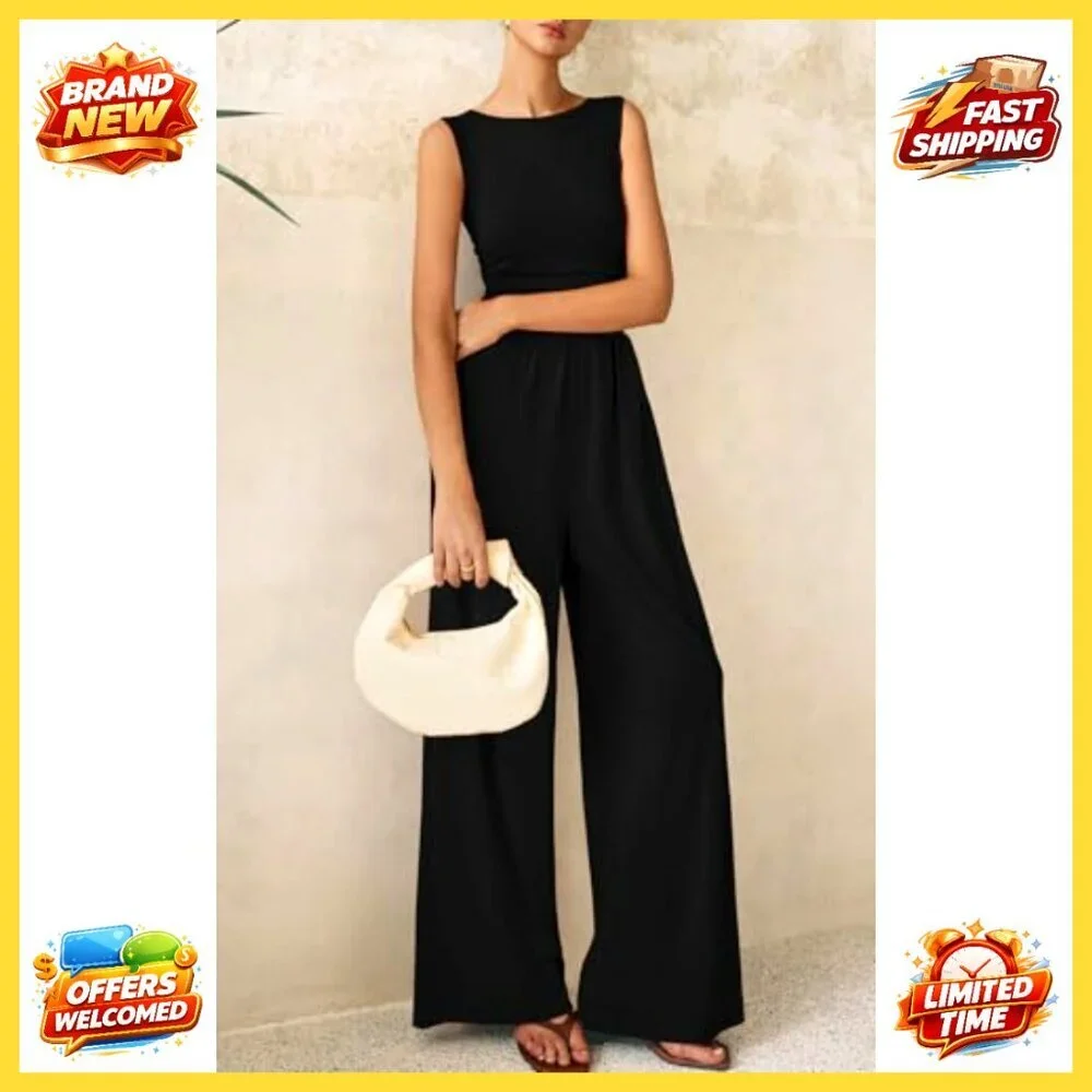 Sleeveless Wide Leg Jumpsuit Elegant Chic Casual Summer Romper - Picture 7 of 8